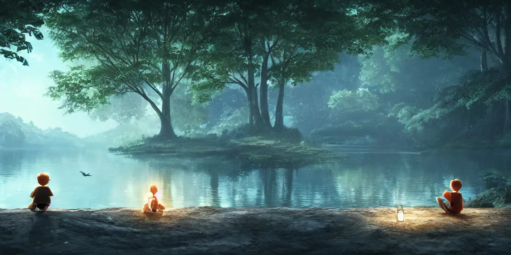 Image similar to a silver dragon and a boy sitting next to lake in forest, many fireflys, at night, concept art, dof, cryengine, digital art, detailed background, makoto shinkai