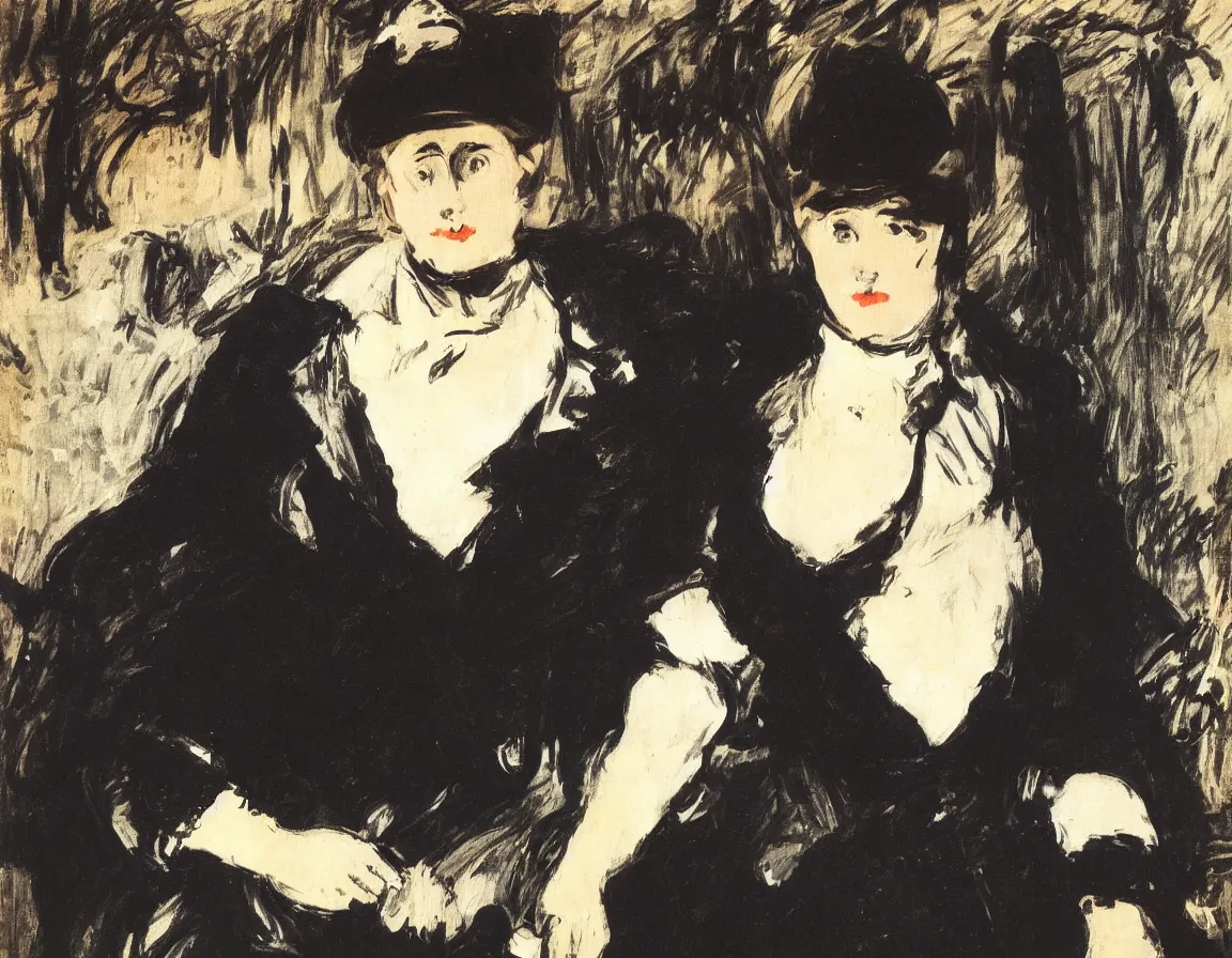 Image similar to edouard manet. a wide portrait of a woman all dressed in black, she is in profile turned her head towards the camera. seated on a dark motorcycle on a highway. there is another motorcycle blurred in the background. unprecise brush strokes. expressive. emotional.