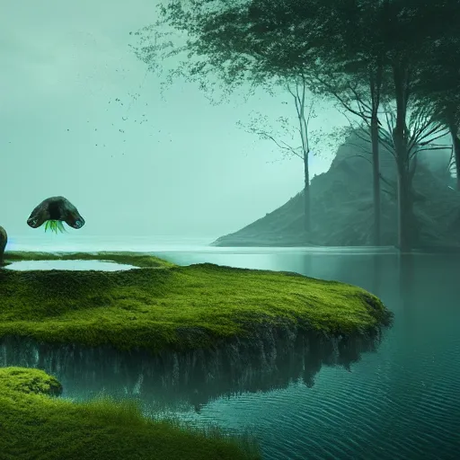 Image similar to dangerous creature lurking, eyes visible. a large body of water with green algae in it, a matte painting by filip hodas, cg society contest winner, environmental art, matte painting, volumetric lighting, cryengine