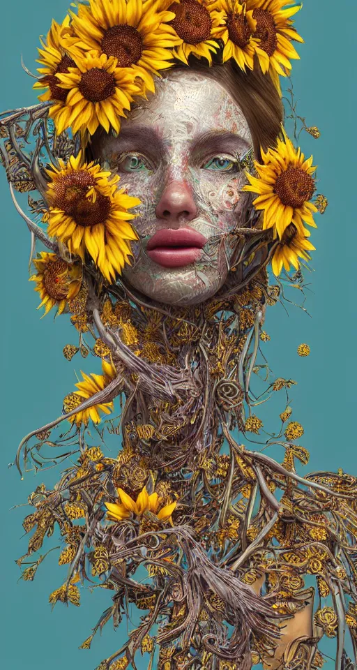 Prompt: cinema 4d colorful render, organic, ultra detailed, of a painted realistic face with growing sunflowers , scratched. biomechanical cyborg, analog, macro lens, beautiful natural soft rim light, smoke, veins, neon, winged insects and stems, roots, fine foliage lace, gold and gold details, art nouveau fashion embroidered, intricate details, mesh wire, computer components, motherboard, floppy disk eyes,mandelbrot fractal, anatomical, facial muscles, cable wires, elegant, hyper realistic, in front of dark flower and feather pattern wallpaper, ultra detailed, 8k post-production