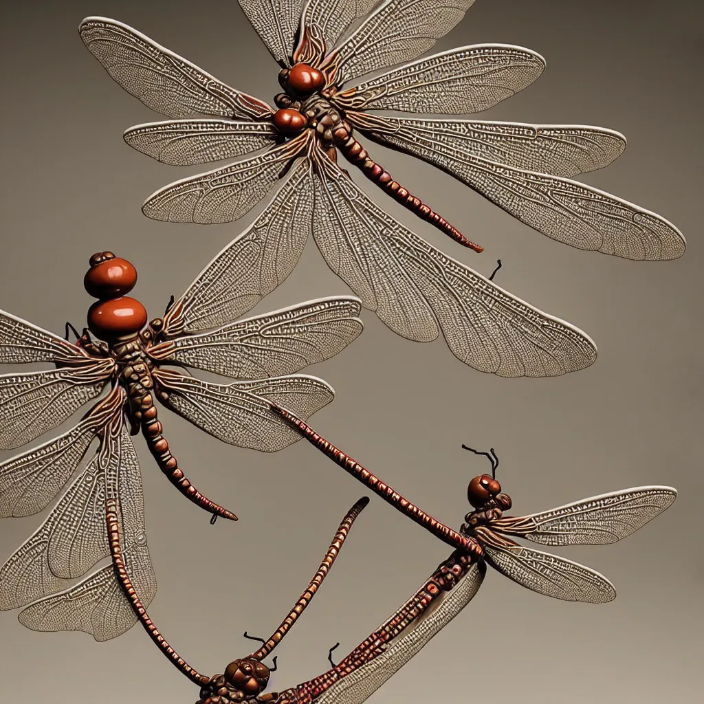 Image similar to A single Close up photo-real delicate ceramic porcelain sculpture of an ornate Dragonfly detailed in front of an intricate background by Victo Ngai and takato yamamoto, micro detail, backlit lighting, face in focus, subsurface scattering, translucent, thin porcelain, octane renderer, colorful, physically based rendering, japanese pottery, trending on cgsociety