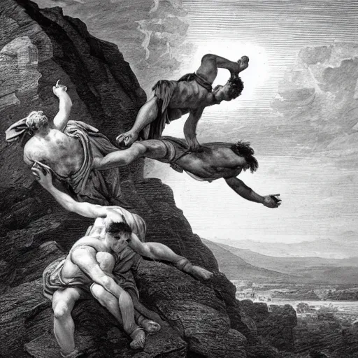 Prompt: A biblical painting of Jacob suplexing an angel at the top of a mountain by Gustave Doré, black and white palette, Scenic, Dramatic, beautiful shore in background, detailed, suplex, wrestling