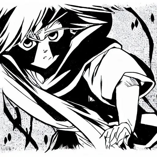 Prompt: wizard, illustrated by mato and ken sugimori, manga, black and white illustration