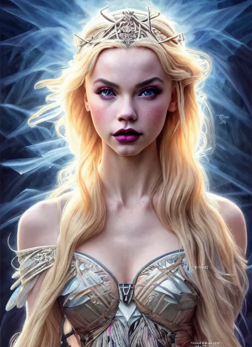 Image similar to ultra realistic illustration, a stunningly beautiful greek gothic goddess of chaos played by jordyn jones and dove cameron and margot robbie and taylor swift and megan fox, intricate, elegant, highly detailed, digital painting, artstation, concept art, smooth, sharp focus, illustration, art by artgerm and greg rutkowski and alphonse mucha