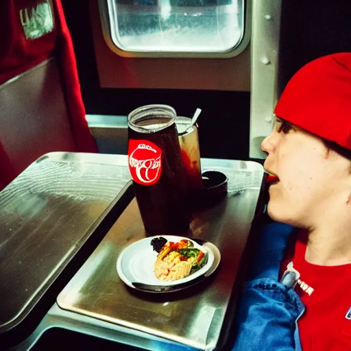 Image similar to lomo astronaut having dinner with cocacola in train