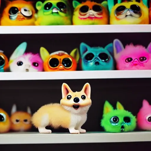 Prompt: corgi furby toy on a store shelf, cute, hyperrealistic, award - winning photograph