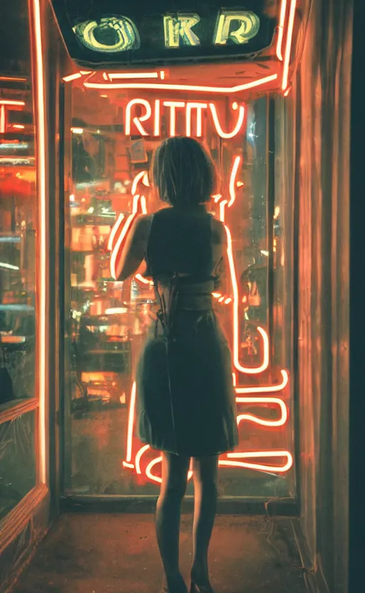 Image similar to vertical movie frame portrait of girl in 5 0's retro restaurant interior, neon - decorated urban on night in the city seen through the window, modern interior design, architectural design, vintage, night blade runner, dark, postapocalyptic, 4 k, octane, asian futuristic city at distance, big windows, octane, wide angle