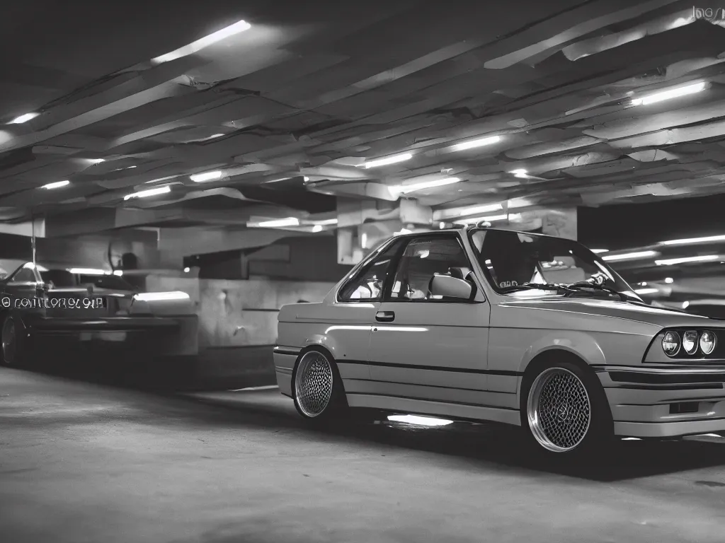 Image similar to a modified bmw e 3 0 with lights on in a futuristic neon parking garage, 3 5 mm photography, car photography, clean lines, realistic