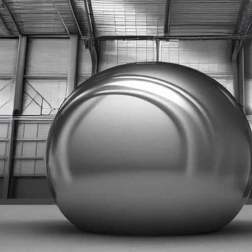 Image similar to big metallic capsule connected to pipelines, purpose is pump, standing in large industrial hall, designed by best engineers, raytracing, reflections