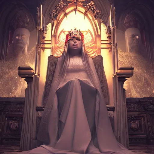 Image similar to the high priestess sitting on her throne, stunning 3 d render inspired art by greg rutkowski and xiang duan and thomas eakes, perfect facial symmetry, flesh texture, realistic, highly detailed attributes and atmosphere, dim volumetric cinematic lighting, 8 k octane detailed render, post - processing, masterpiece, rtx on, rendering on unreal engine