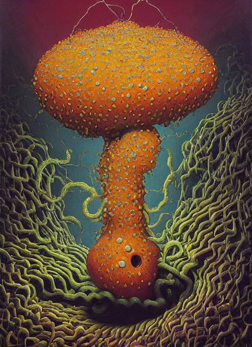 Image similar to hyper detailed Oil painting - It Eats of the Strangling Fruit and Its gossamer polyp blossoms bring iridescent fungal flowers whose spores black the foolish stars by Jacek Yerka, Mariusz Lewandowski, Abstract brush strokes, Masterpiece, Edward Hopper and James Gilleard, Zdzislaw Beksinski, Mark Ryden, Wolfgang Lettl, hints of Yayoi Kasuma