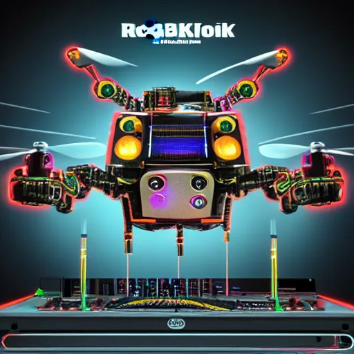 Image similar to album art, text : roborock, 3 steampunk robot drones with robot arms on a dj desk with a cd mixer, 8 k, flourescent colors, halluzinogenic, multicolored, exaggerated detailed, front shot, 3 d render, octane