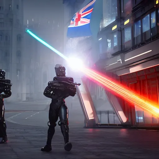 Image similar to british royal guard androids firing lasers, futuristic look, highly detailed body, photorealistic camera shot, crisp quality and light reflections, in england, futuristic city, unreal engine 5 quality render