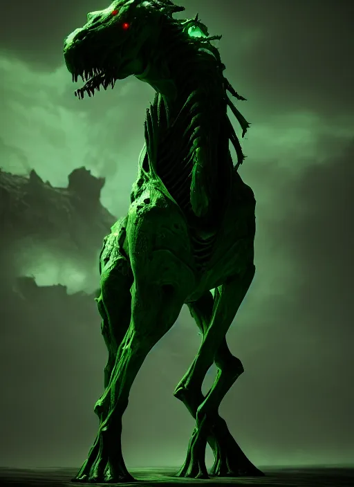 Image similar to an epic fantasy comic book style portrait painting of an giant abyssal green alien horse, humanoid, menacing. unreal 5, daz, hyperrealistic, octane render, cosplay, rpg portrait, dynamic lighting