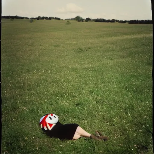 Image similar to A sad woman wearing a smiling inflatable toy in a meadow, 1980, color film expired film, aged photo, fellini almodovar john waters