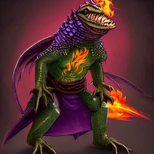 Image similar to HD Dungeons and Dragons character portrait of a Lizard Warlock, with fire in his eyes and evil in his heart