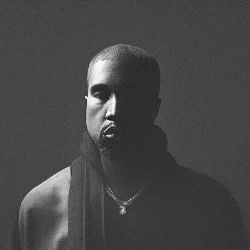 Image similar to a chiaroscuro lighting portrait of kanye west dressed as rick owens, black background, portrait by julia margaret cameron, shallow depth of field, 8 0 mm, f 1. 8