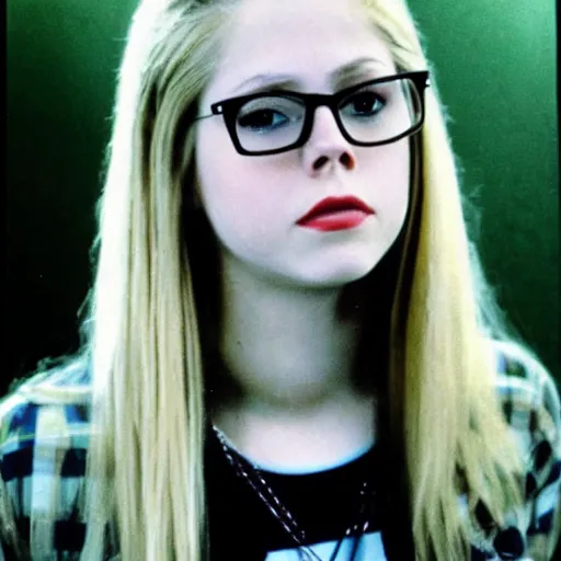 Prompt: portrait photo of Avril Lavigne with nerdy glasses, 1985