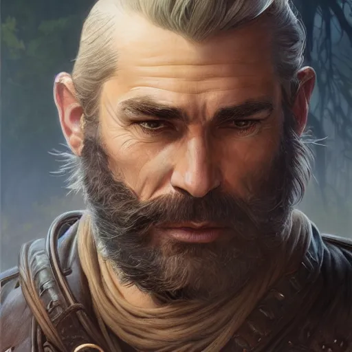 Image similar to portrait of a young, ruggedly handsome ranger, muscular, half body, leather, hairy, d & d, fantasy, intricate, elegant, highly detailed, digital painting, artstation, concept art, smooth, sharp focus, illustration, art by artgerm and greg rutkowski and alphonse mucha