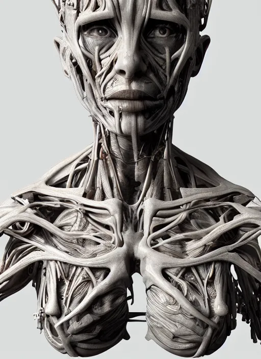 Image similar to a bust sculpture of anatomical female detailed cyborg, veins, become human, ceramic base, orthographic, studio lighting
