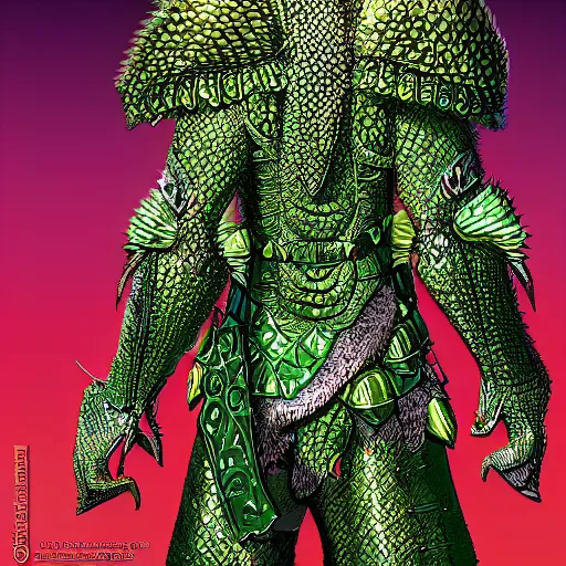 Prompt: a magnificent suit of green dragon scalemail on an armour stand, the backside of the armour is wrapped in a exquisite cheetah cloak, d & d, fantasy, intricate, highly detailed, digital painting, artstation, concept art, matte, sharp focus, illustration