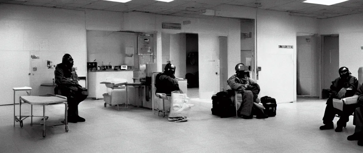 Prompt: filmic wide shot movie still 4 k uhd interior 3 5 mm film color photograph of two armed guards sitting down and talking in a break room in a military base, in the style of the horror film the thing 1 9 8 2