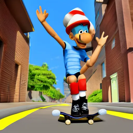 Prompt: a cartoon character riding a skateboard down a street, a screenshot by Seuss Dr, polycount, hurufiyya, ps1 graphics, playstation 5 screenshot, xbox 360 graphics