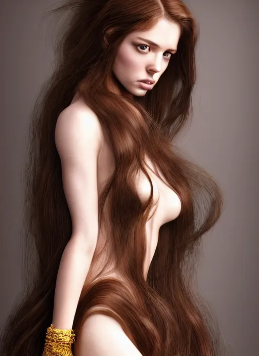 Image similar to a gorgeous female with long brown hair, photo by tim walker, realistic, full body shot, wide angle, sharp focus, 8 k high definition, insanely detailed, intricate, elegant, art by stanley lau and artgerm, floating embers