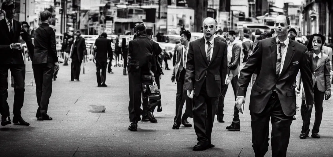 Prompt: alien in suit among people, people didn't notice, alien in xx century, classic alien, grey alien, high definition, 4 k, noir, fine art photography, street photography, monochrome