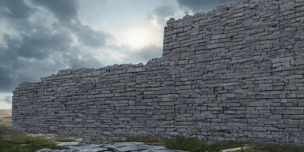 Image similar to beautiful matte painting of giant wall made from stone bricks by blizard entertainment, 8 k, cinematic dramatic atmosphere, dramatic lighting