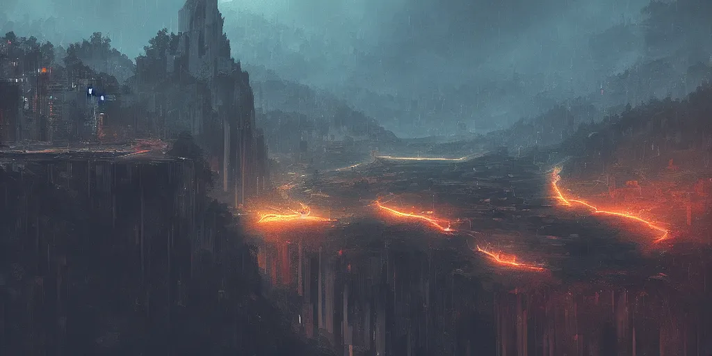 Prompt: a city on a big cliff, eery, scary, dark, lightning, hd 4 k high resolution digital art by alena aenami