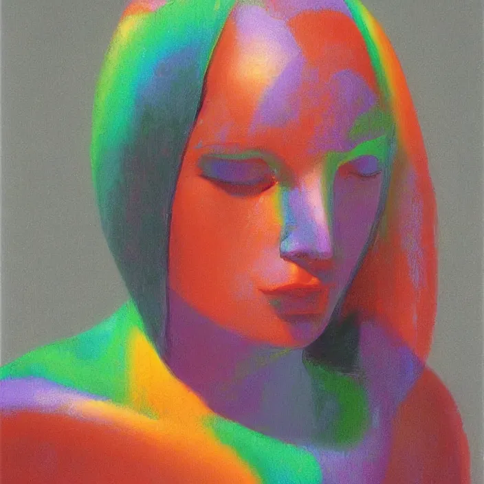 Image similar to colorful rainbow woman portrait in a translucent clothing made from plastic bag at store display, highly detailed, artstation, art by , edward hopper, zdislav beksinski, wayne barlowe