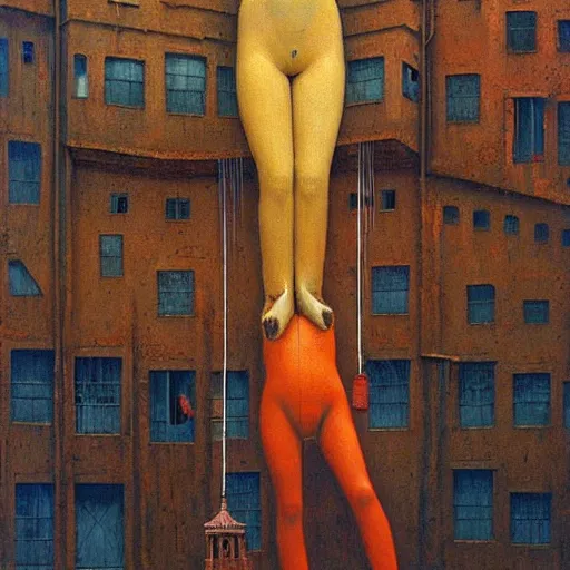 Image similar to a giant latex doll stands over a city painting by beksinski, barlowe colors. masterpiece painting