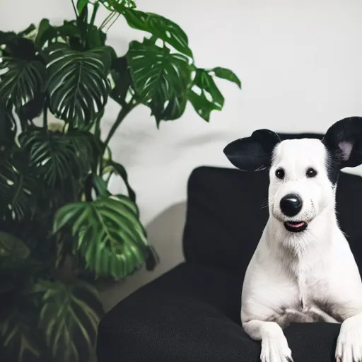 Image similar to a dog that looks like mickey mouse, white face, black body, black nose, black sharp ears, sitting down on a sofa, house plants in the background, indoors, dim light, photograph, 4 k, shot on iphone