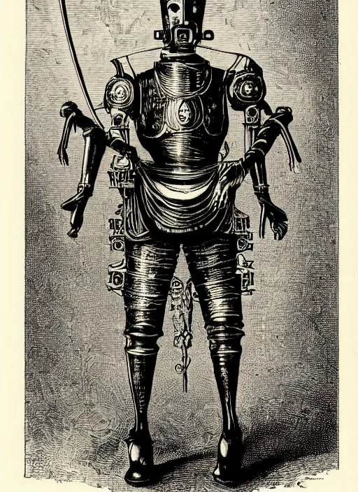 Prompt: 19th century wood-engraving of a slender humanoid robot with eyes wearing medieval armour and holding a rapier, whole page illustration from Jules Verne book titled Stardust Crusaders, art by Édouard Riou Jules Férat and Henri de Montaut, frontal portrait, high quality, beautiful, highly detailed, removed watermarks