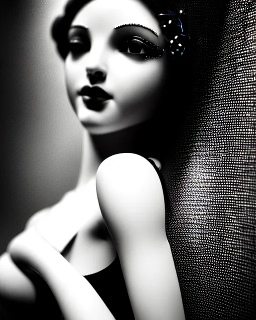 Image similar to black and white dreamy young beautiful female artificial intelligence, metropolis, cinematic, rim light, bokeh, photo - realistic, elegant, high detail, 8 k, masterpiece, photo taken in 1 9 3 0