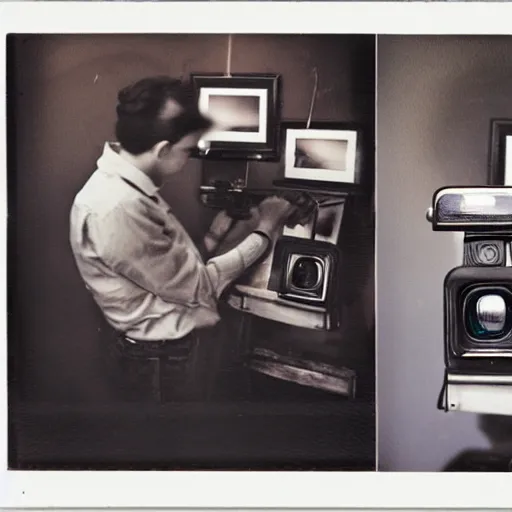 Prompt: photograph of an artist painting a picture of a polaroid of a camera