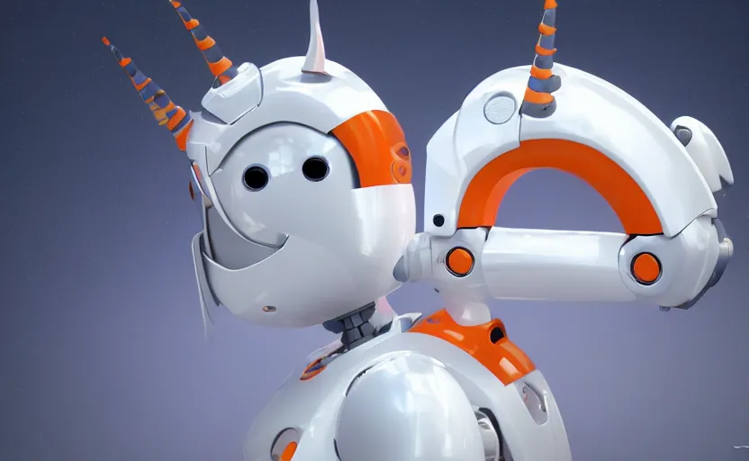 Prompt: cute robot unicorn, white and orange metal, in the style of Pixar, CGI, trending on art station, 8K