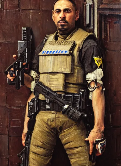 Prompt: Eliezer Nash. Menacing Cyberpunk police trooper wearing a combat vest. Rainy streets (dystopian, police state, Cyberpunk 2077, bladerunner 2049). Iranian orientalist portrait by john william waterhouse and Edwin Longsden Long and Theodore Ralli and Nasreddine Dinet, oil on canvas. Cinematic, vivid colors, hyper realism, realistic proportions, dramatic lighting, high detail 4k