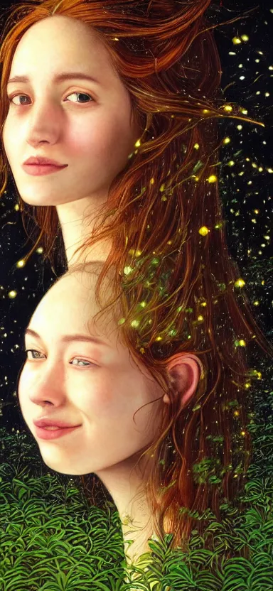 Image similar to young woman, smiling, amazed by golden fireflies lights, sitting in the midst of nature fully covered, long loose red hair, intricate linework, green eyes, small nose with freckles, oval shape face, realistic, expressive emotions, dramatic lights, spiritual scene, hyper realistic ultrafine art by cecco del caravaggio and albert bierstadt and artgerm
