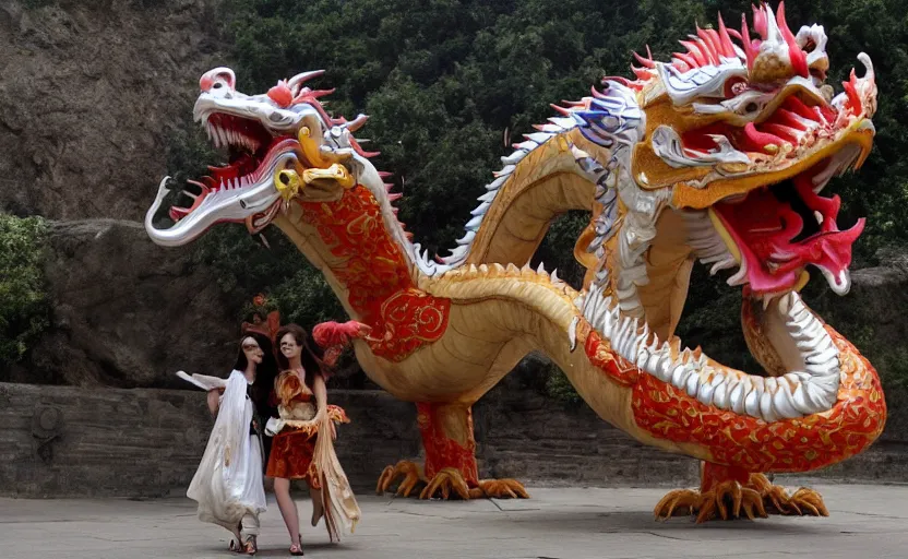 Prompt: Emma Watson riding a Chinese dragon