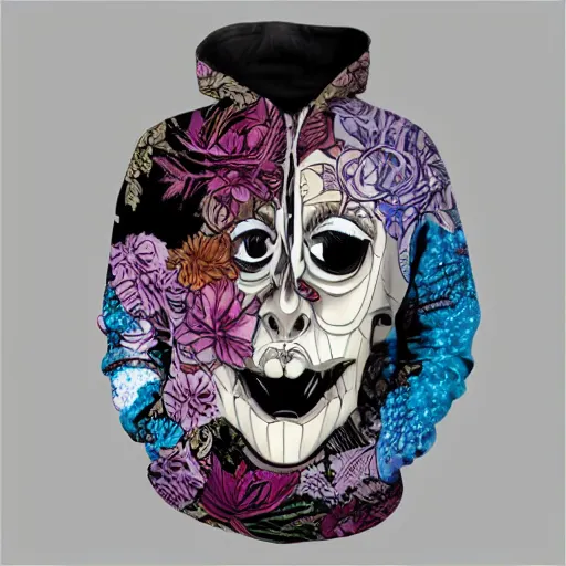 Image similar to anime manga skull portrait woman female wearing hoodie disney cartoon skeleton illustration style by Alphonse Mucha pop art nouveau