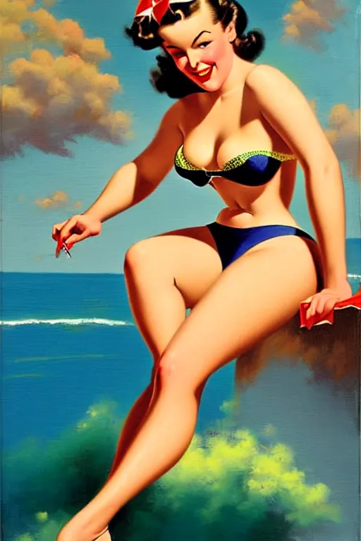 Prompt: 1940s pinup bikini girl, oil painting, by Gil Elvgren