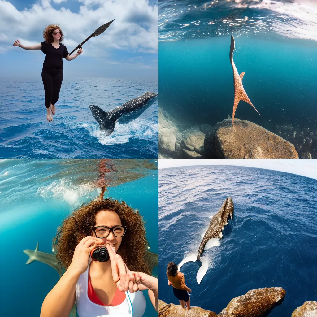 Prompt: A Female Data Scientist with curly hair and glasses is standing on a rock in the middle of the ocean, she is holding a trident in the ocean. you can see a whaleshark jumping from the water in the foreground. Wide angle photography. Fast shutter speed, high speed, action photo, 1/1000 sec shutter