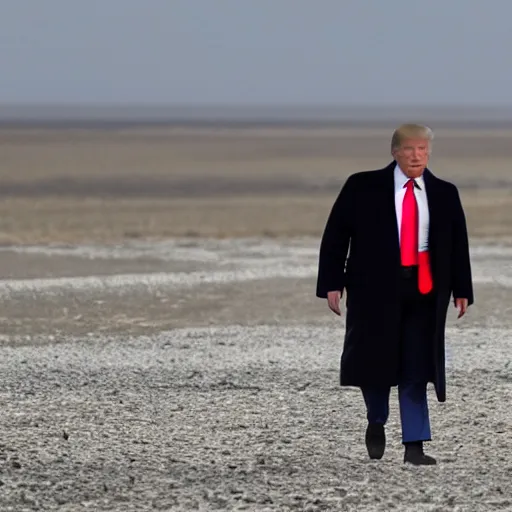 Prompt: donald trump walking in an empty wasteland, post - apocalyptic