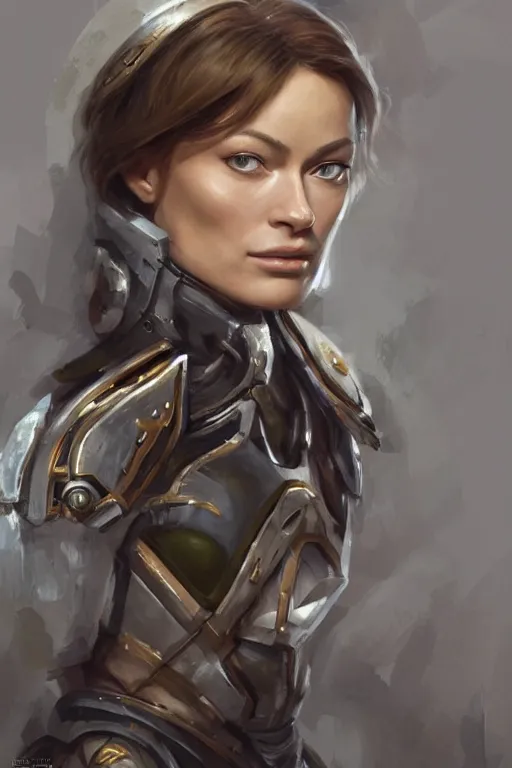 Image similar to a professional painting of a young Olivia Wilde, clothes in military armor, olive skin, long dark hair, beautiful bone structure, symmetrical facial features, intricate, elegant, digital painting, concept art, smooth, sharp focus, illustration, from StarCraft by Ruan Jia and Mandy Jurgens and Artgerm and William-Adolphe Bouguerea