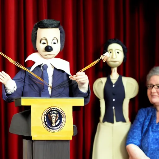 Prompt: president string marionette with puppeteer in a podium giving a press conference