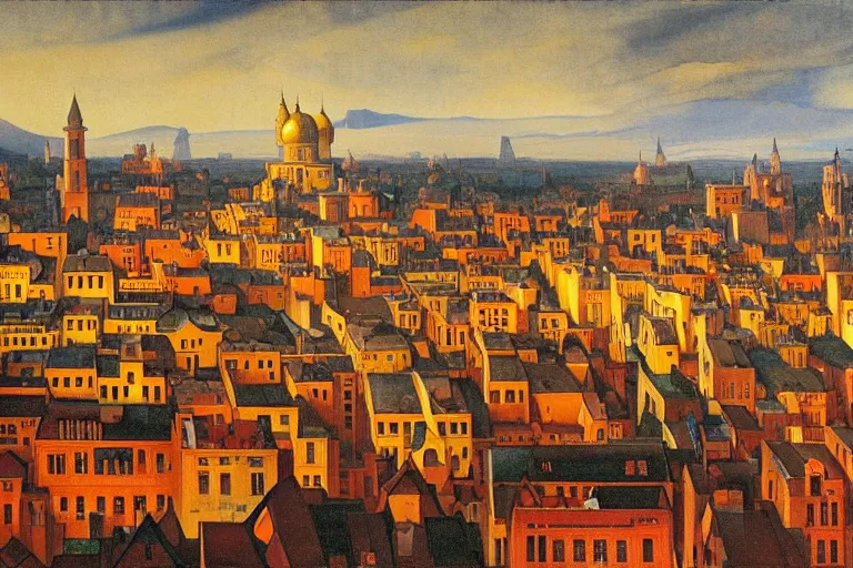 Image similar to view of the old city and its tree-lined winding streets still wet after a storm, tall windows lit up, beautiful ornamental architecture, dramatic cinematic lighting, rich colors, by Nicholas Roerich and and William Dyce and ford madox brown and April Gornik and Sylvain Sarrailh and Ludwig Deutsch, featured on artstation