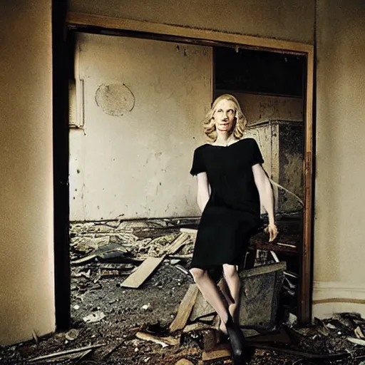 Prompt: Portrait of cate blanchett in an abandoned building, by Annie leibowitz, photorealisitc ,detailed