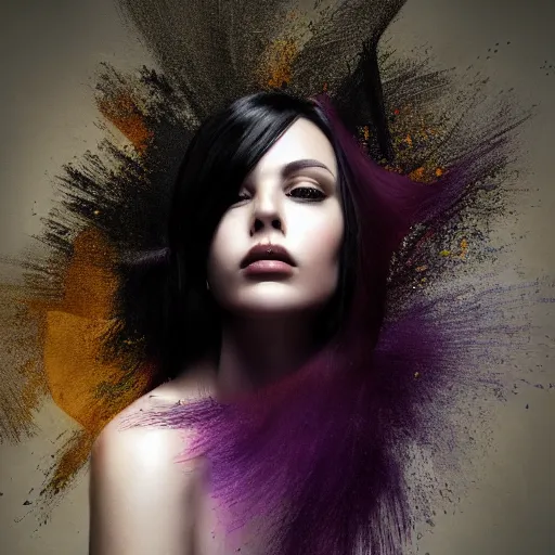 Prompt: masterpiece dynamic portrait of an aesthetic beautiful realistic black haired woman, purple strands, 3 0 years old woman, mid long hair, black eyed, by joachim bergauer and wlop, artstation, deviantart, large view, motion blur, high aperture, pouring acrylic chaotic background, detailed, intricate, 8 k